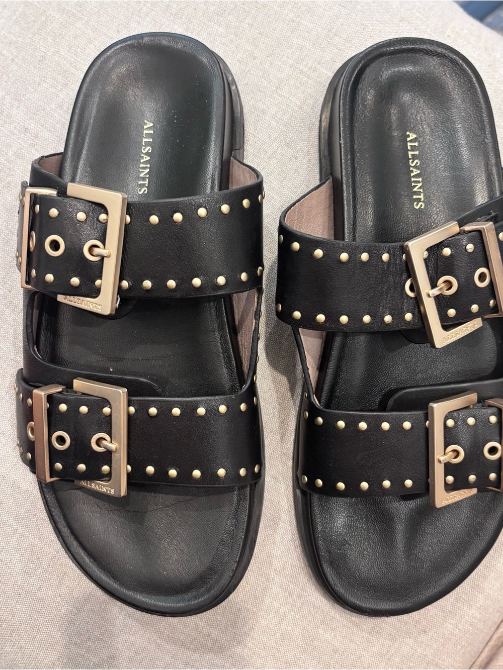 All Saints Black Leather Double-Buckle Gold Stud Slide Sandals USA SZ 8.